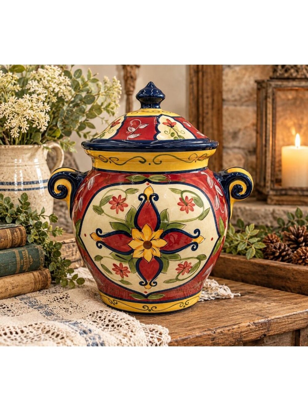 Handpainted Pier 1 Vallarta Earthenware Canister W Lid Floral Design Multicolor